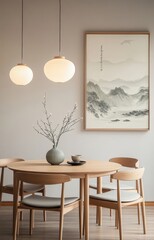 A table with four chairs around it. A vase with flowers on it. A framed picture on the wall