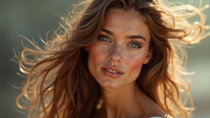 Fototapeta premium Capturing natural beauty with flowing hair in soft sunlight against a blurred background