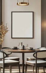 A table with four chairs and a vase of flowers. The table is empty. There is a picture on the wall