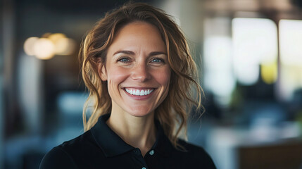 Smiling young caucasian female in office setting with curly hair