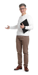 Portrait of professional psychologist with clipboard on white background