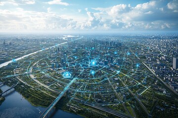 This aerial image highlights land with network markers outlining disaster-resilient infrastructure and emergency routes, emphasizing safety and preparedness in development planning.

