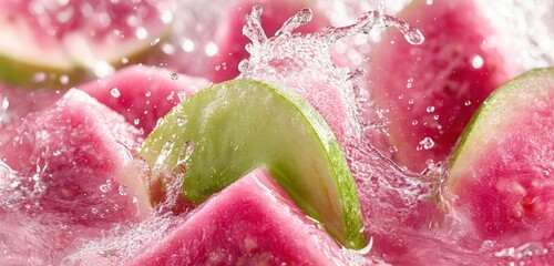 Guava Splash Fresh guava slices in a pink and green burst, highlighting a vibrant, exotic freshness.