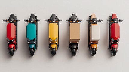 Colorful electric scooters with cargo boxes arranged neatly in a row - top view
