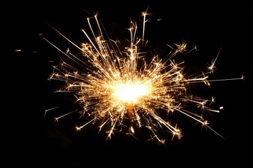 Fireworks explode in the night sky, golden sparks with white highlights against a dark blurred background, wide-angle, captured with a telephoto lens and flash lighting 5