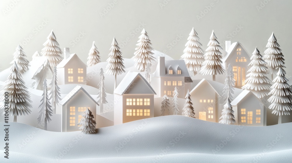 Poster a beautiful display of a paper-cut christmas village featuring intricate houses and trees, warmly li