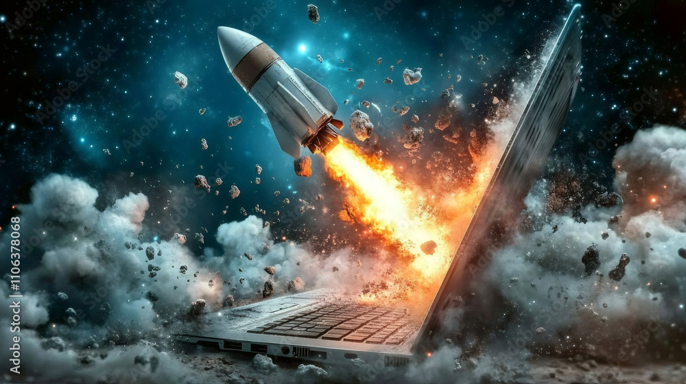 Poster Rocket ship blasting off from a laptop screen into a stunning space backdrop, causing fiery explosions