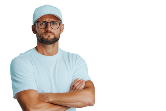 A man with glasses and a white cap stands confidently with crossed arms in a plain background