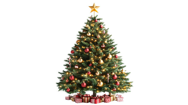 Christmas tree decorated with ornaments, lights, star, and gifts on transparent background