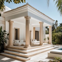 Obraz premium A white house with pillars and a balcony. The balcony has a pool and a few chairs. There are also some potted plants around the house