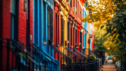Vibrant colorful row houses at sunset in urban neighborhood