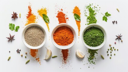 Spice diversity: red, green, and yellow powders with herbs and seeds on white background