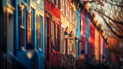 Fototapeta premium Colorful row houses in urban neighborhood during sunset