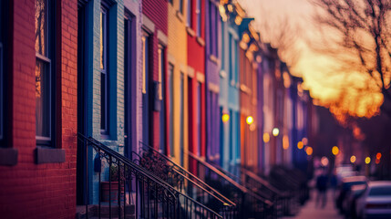 Colorful row houses at sunset in urban neighborhood