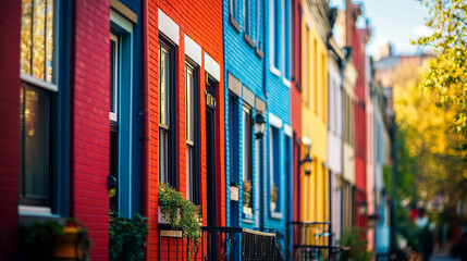 Colorful row houses in vibrant urban neighborhood on a sunny day