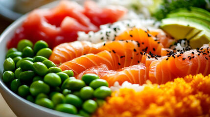 A colorful poke bowl filled with fresh salmon avocado edamame and rice.