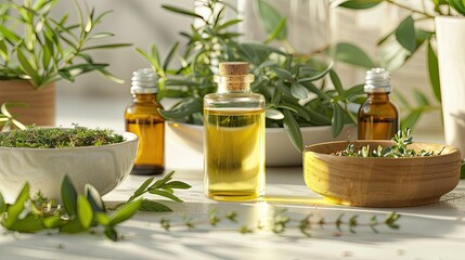 Aromatherapy: essential oils and herbs in sunlit setting with natural greenery