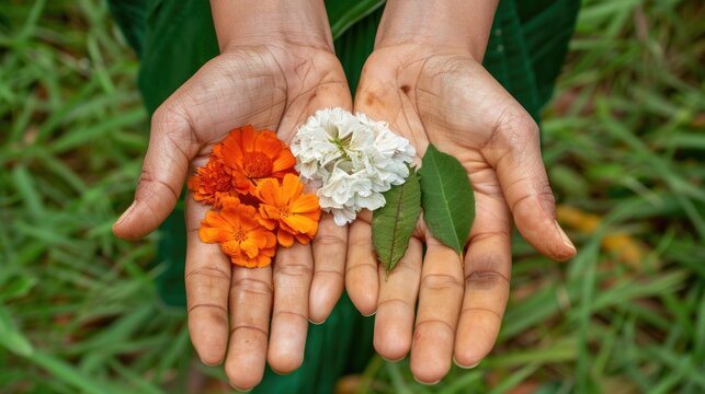 Hands holding marigold and white flowers with green leaves in nature setting