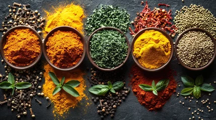 Tableau sur plexiglas Cuisine Vibrant assortment of colorful spices and fresh herbs on dark background  © Yulia