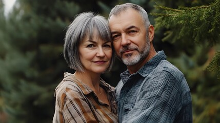 Fototapeta premium A middle-aged couple in casual attire stand side by side, embracing each other with love and affection amidst the serene beauty of nature