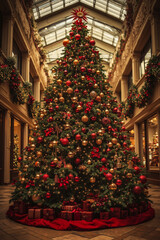 A large decorated christmas tree in the middle of a building