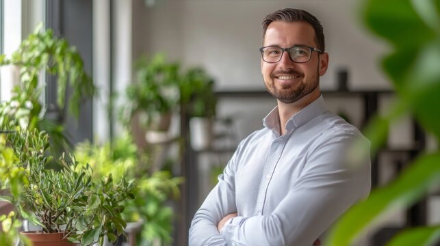 A confident real estate agent stands with crossed arms in a contemporary office space adorned with various plants. The bright, inviting atmosphere showcases a blend of professionalism and nature. - Powered by Adobe