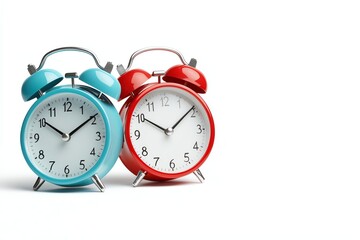 A vibrant arrangement of red and blue alarm clocks, symbolizing the passage of time and the importance of punctuality in daily life