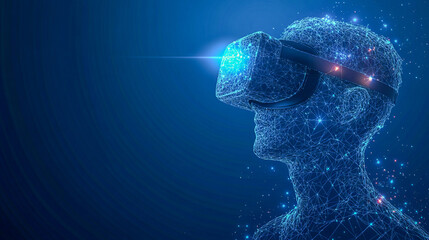 Virtual reality concept with digital human in vr headset and wireframe design