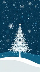 Obraz premium White Christmas tree agains blue snowy backdropwith snowflakes