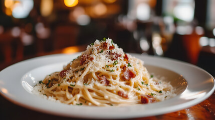 A decadent plate of spaghetti carbonara with creamy sauce crispy pancetta and grated Parmesan.