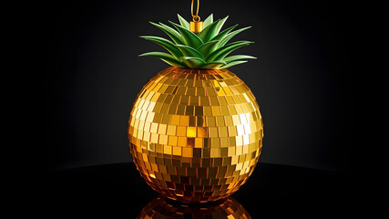 Obraz premium A shiny disco ball shaped like a pineapple, with metallic gold surface and green spiky leaves, glowing on a black glossy background. Generative AI