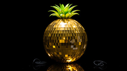 Obraz premium A shiny disco ball shaped like a pineapple, with metallic gold surface and green spiky leaves, glowing on a black glossy background. Generative AI
