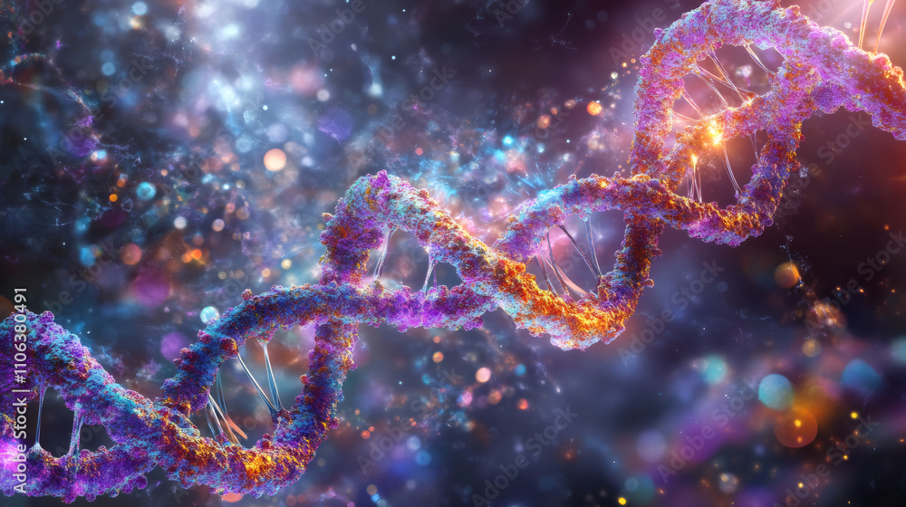 Poster Mesmerizing visual of a colorful dna double helix rotating in a microscopic setting with a bokeh effect