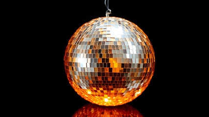 A sparkling disco ball resembling an orange, complete with a textured metallic peel design, on a black glossy background. Generative AI