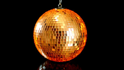 Obraz premium A sparkling disco ball resembling an orange, complete with a textured metallic peel design, on a black glossy background. Generative AI