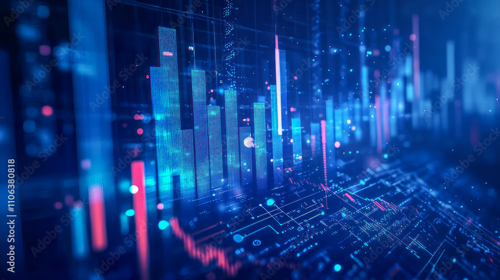 Poster futuristic digital finance analytics display with glowing graphs