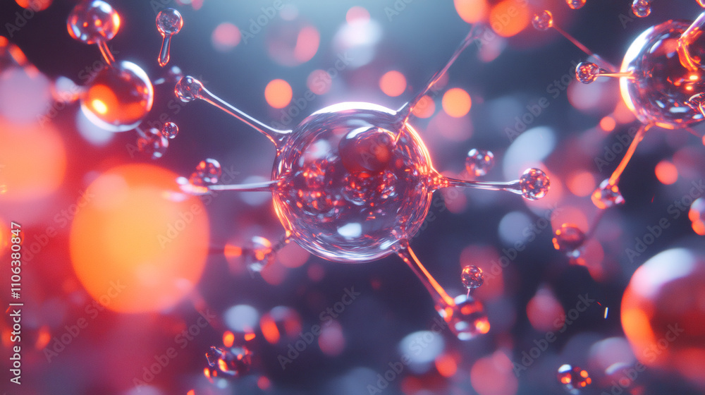 Poster complex molecule structure forming with connecting spheres and nodes, creating a network, ideal for 