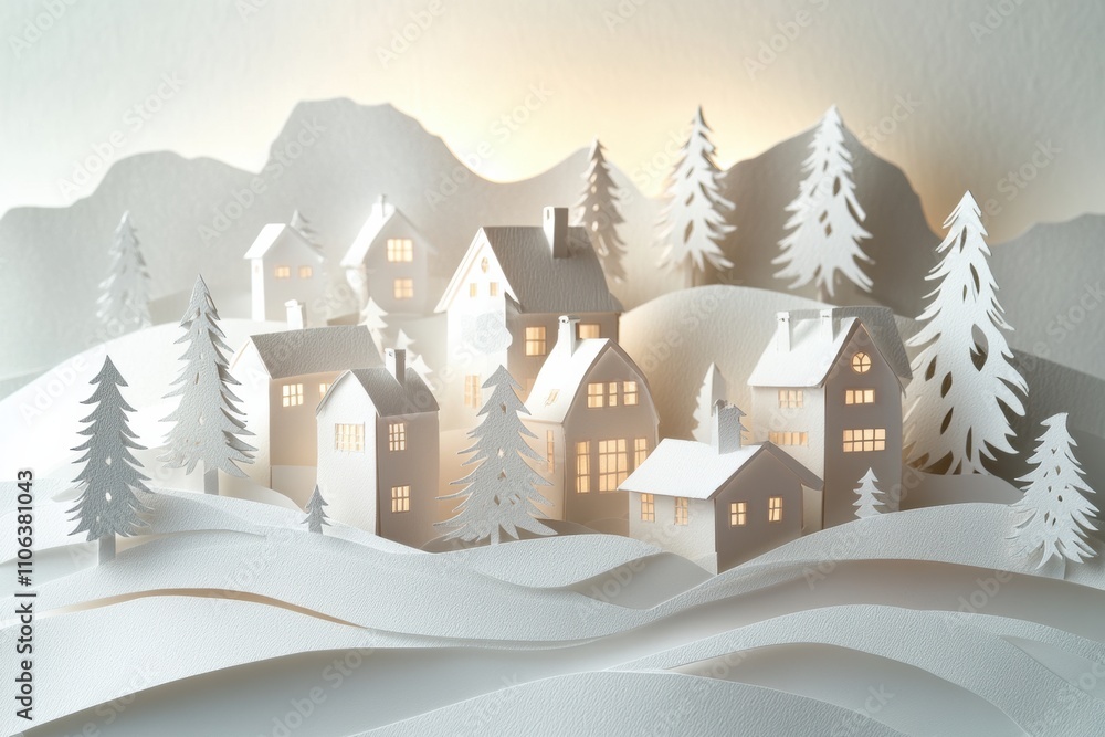 Poster a charming christmas village showcases intricately cut paper houses and pine trees illuminated by so