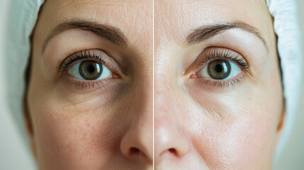 Close-up view of a woman's face highlighting skin differences after a skincare treatment in a well-lit salon setting