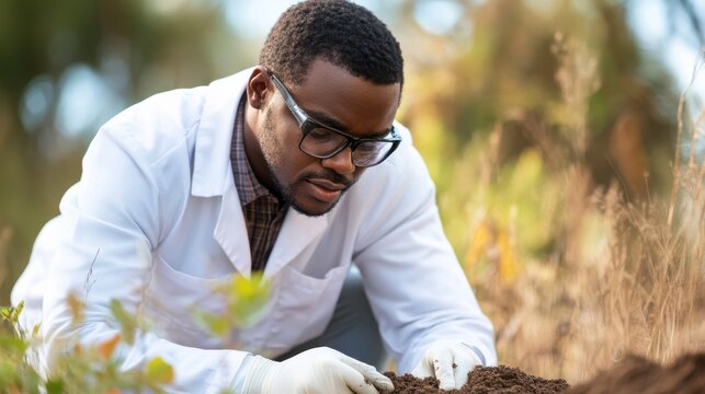 African American scientist in protective glasses, gloves and scientist's white coat collecting samples of soil to check the quality. Outdoors, sunny day, close-up. Sustainable agriculture concept.