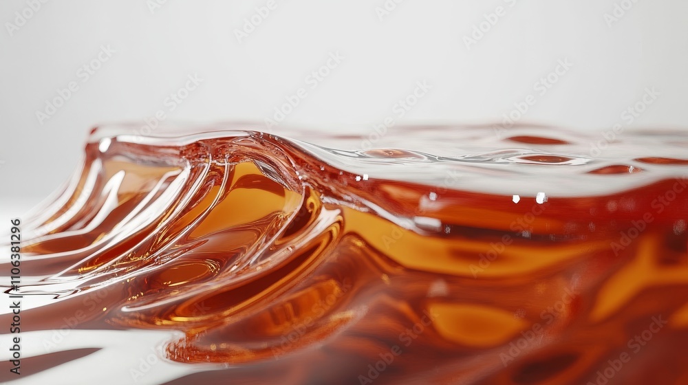 Poster close up, abstract forms of orange gel texture with shallow depth of field on white background