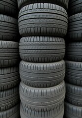 Obraz premium A tall stack of old, weathered car tires piled together, showing wear and tear from years of use.