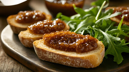 A fresh baguette spread with creamy brie and fig jam garnished with arugula leaves.