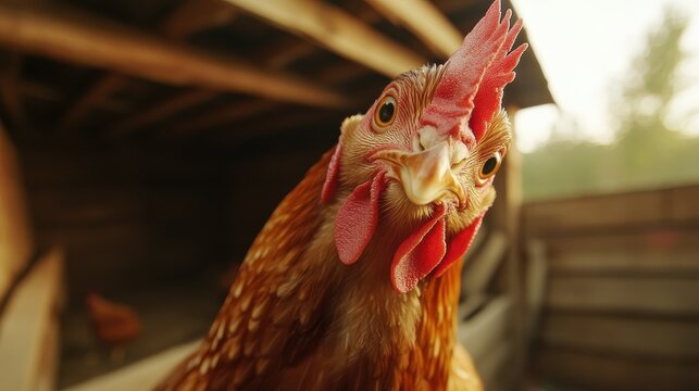 Close-up of a free-range chicken in an outdoor coop, showcasing natural behavior in a farm setting. High-quality photo, sunny day, blurred background. Sustainable and organic farming concept.