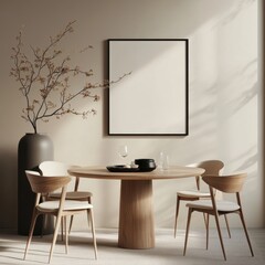 A table with four chairs around it. A vase with flowers on it is on the table