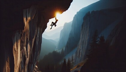 A rock climber hanging on a steep cliff, silhouette, action photography, aesthetics,
