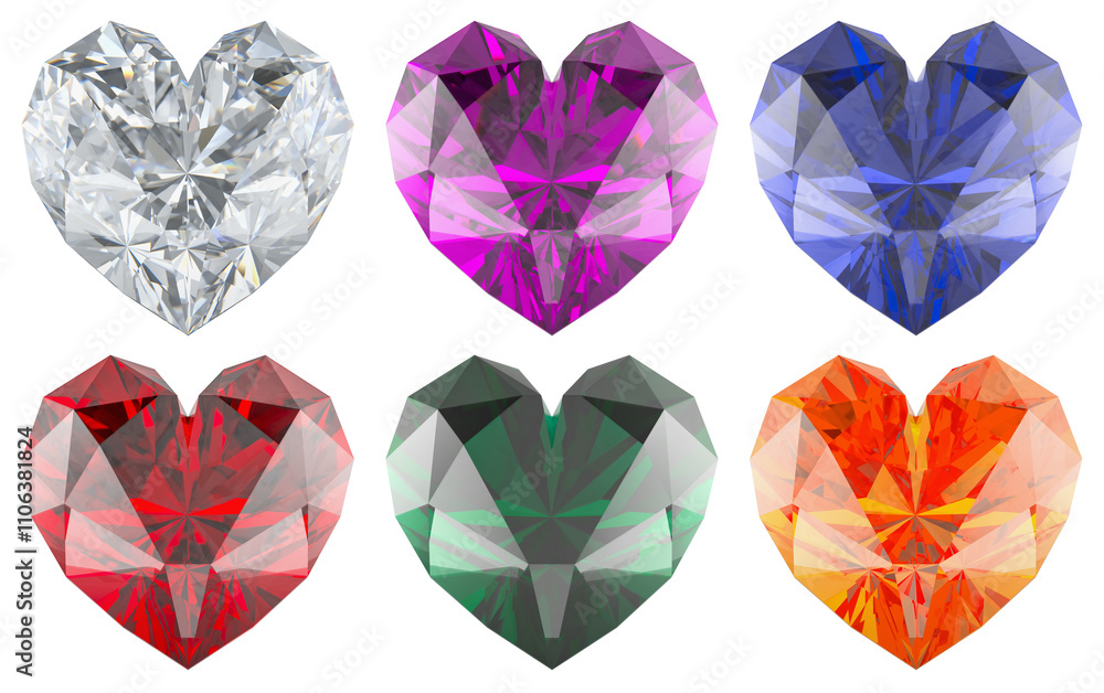 Poster colored gems in the shape of heart. 3d rendering isolated on transparent background