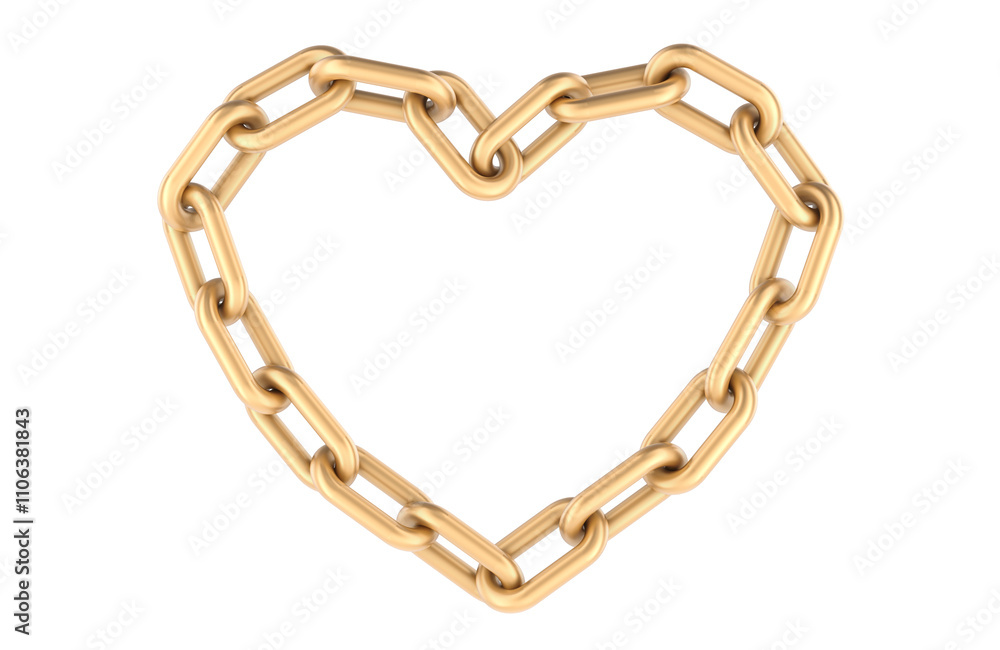 Poster heart from golden chain. chain in the shape of a heart, 3d rendering isolated on transparent backgro