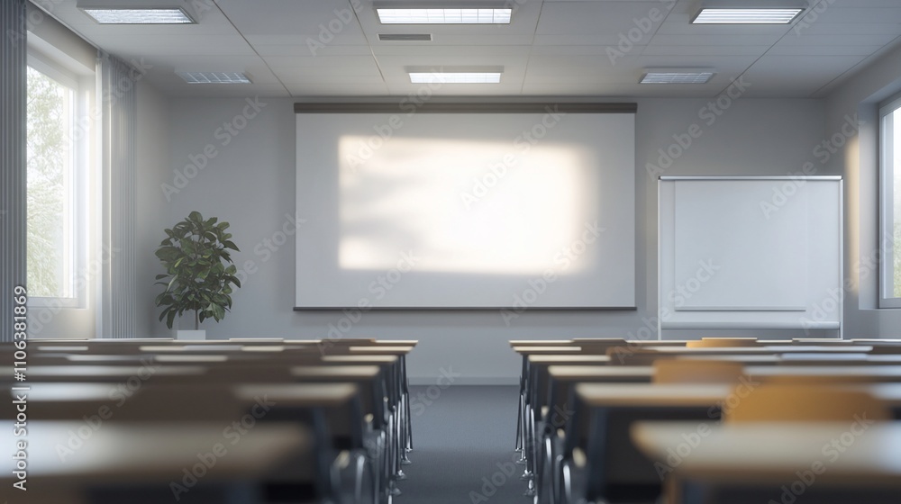 Aufkleber empty modern classroom with projector screen and whiteboard.