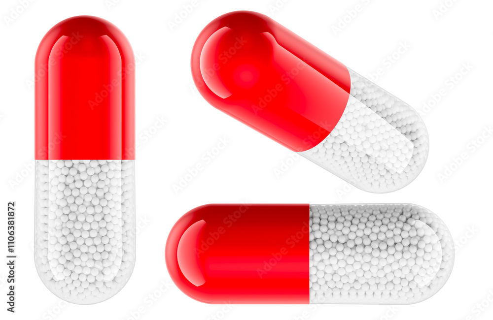 Poster red medicament capsules, side and front views. 3d rendering isolated on transparent background